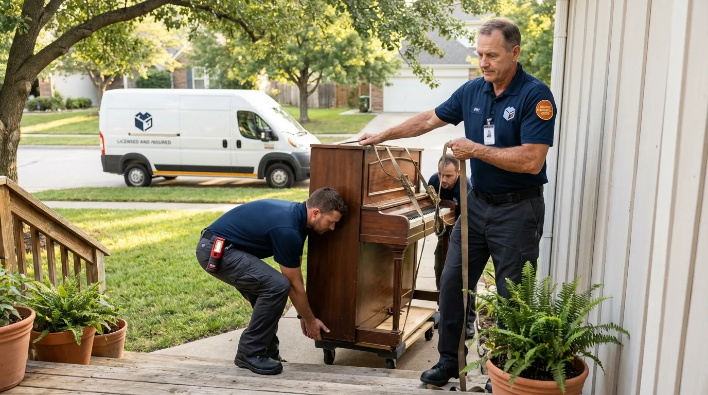Licensed piano movers securing grand piano in Mercer Island, WA