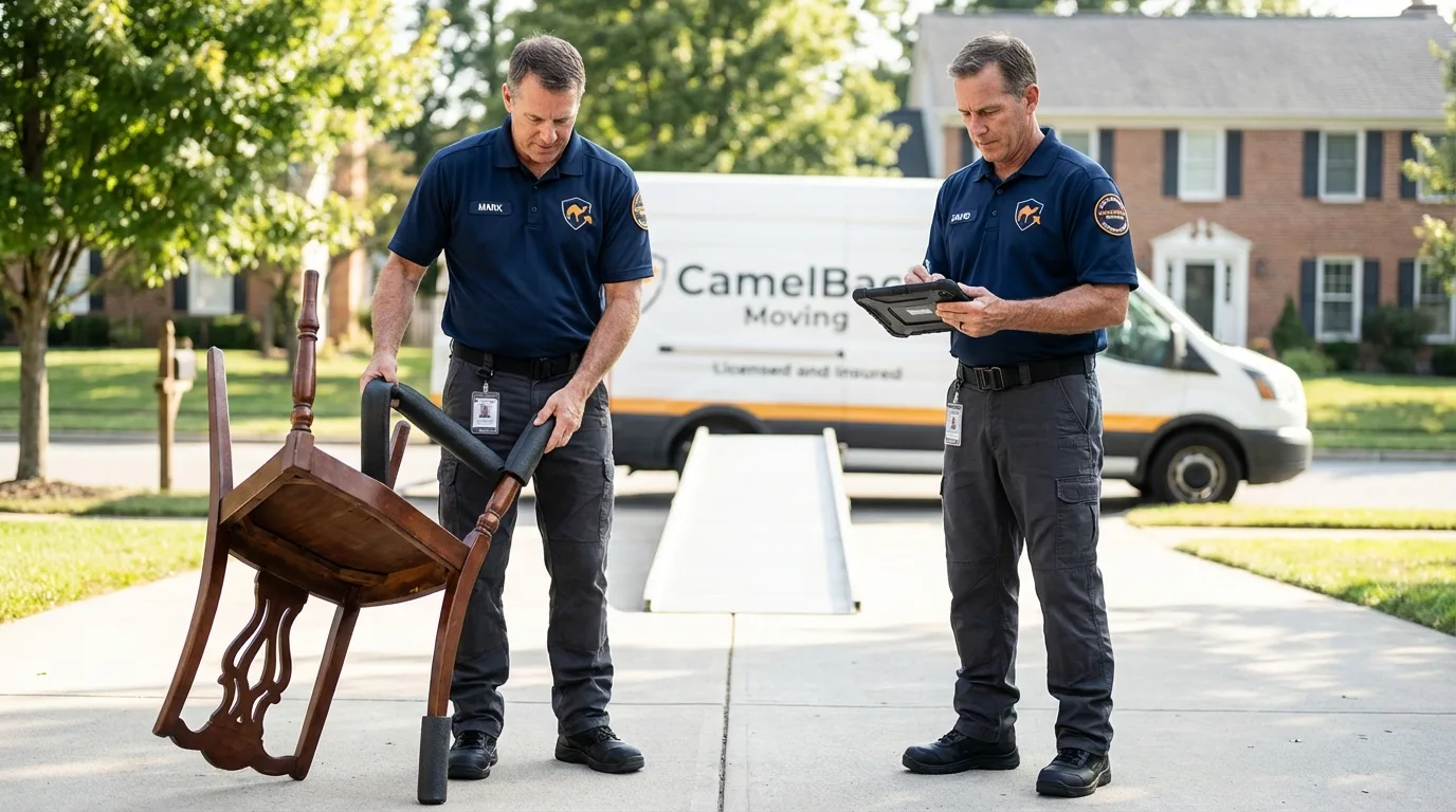 Movers inspecting furniture for damage prevention before loading in Mercer Island, WA