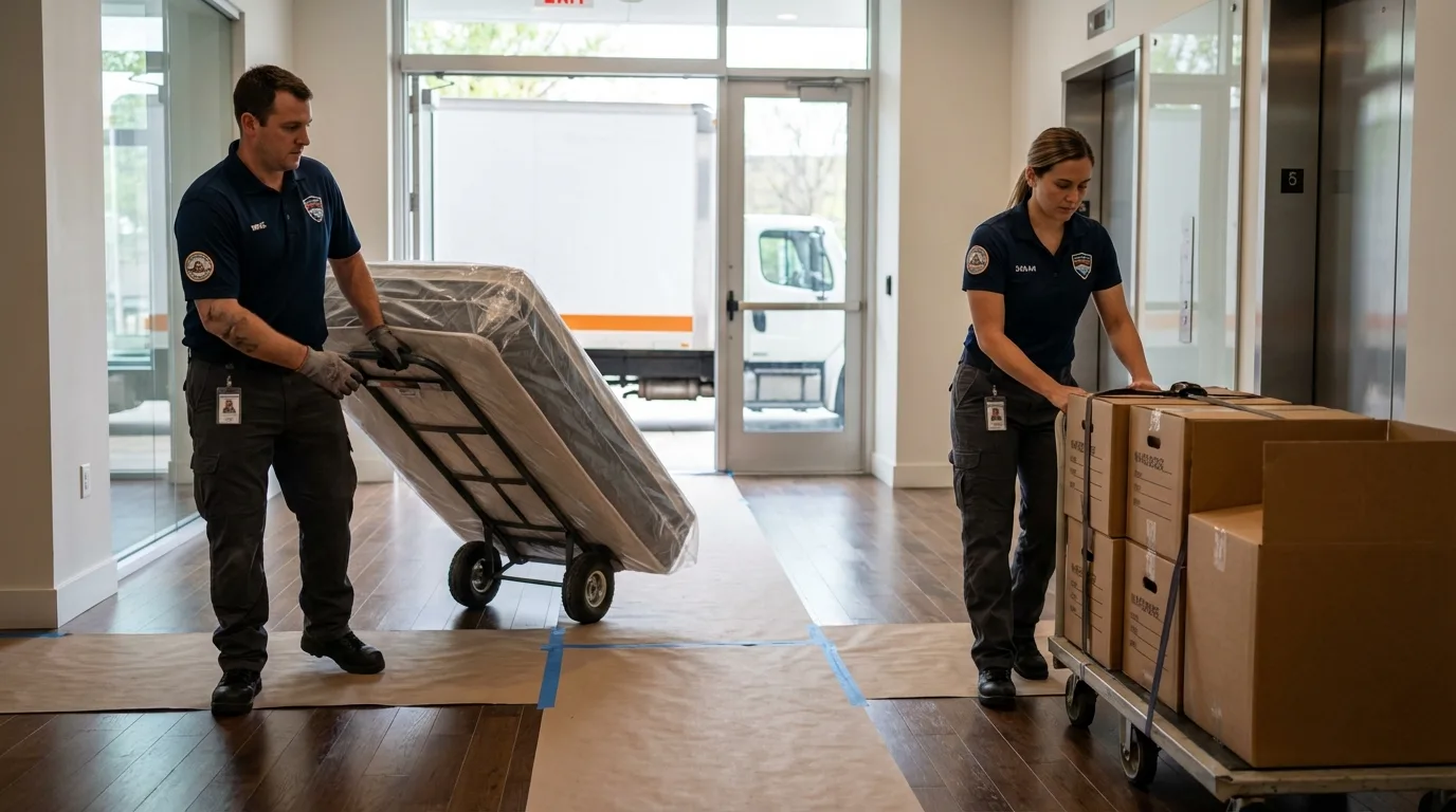 Professional apartment movers loading elevator in Mercer Island, WA