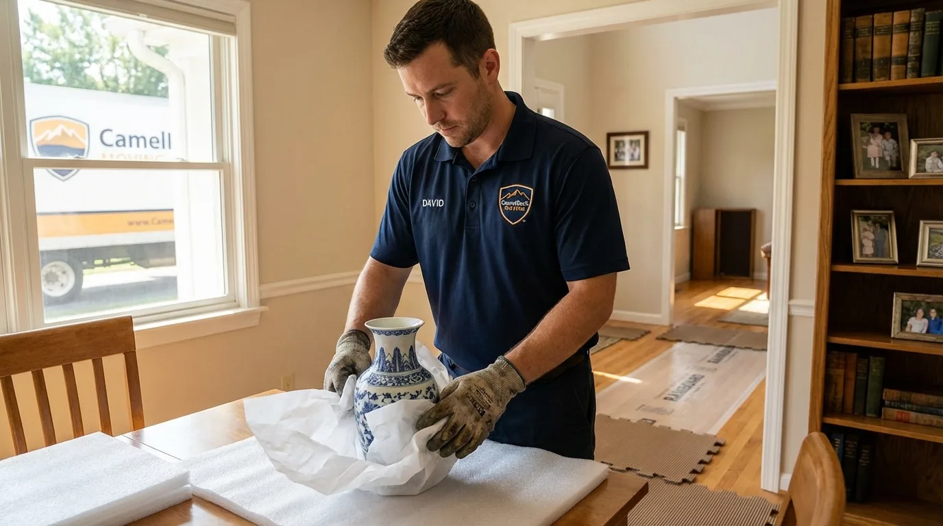 Professional crew carefully wrapping antique vase for senior downsizing move in Mercer Island, WA